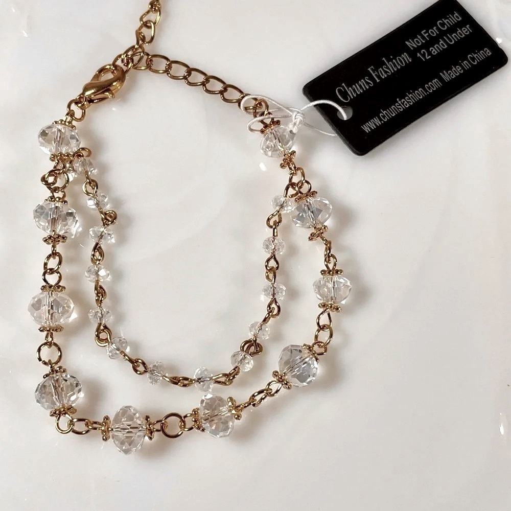 Double Strand Clear Beaded Gold Tone Bracelet -NWT